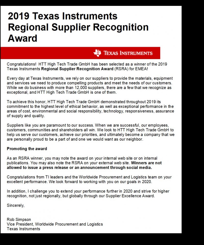 HTT High Tech Trade GmbH has been awarded the 2019 Texas Instruments Regional Supplier Recognition Award for your exceptional probe card support